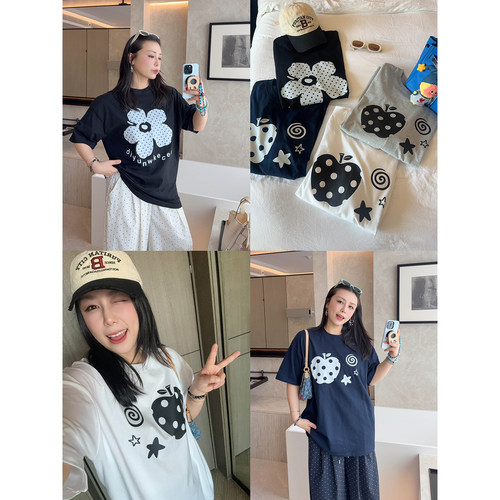 VOGANA戛纳家大码女装博主ins减龄印花宽松显瘦加大码短袖全棉t恤