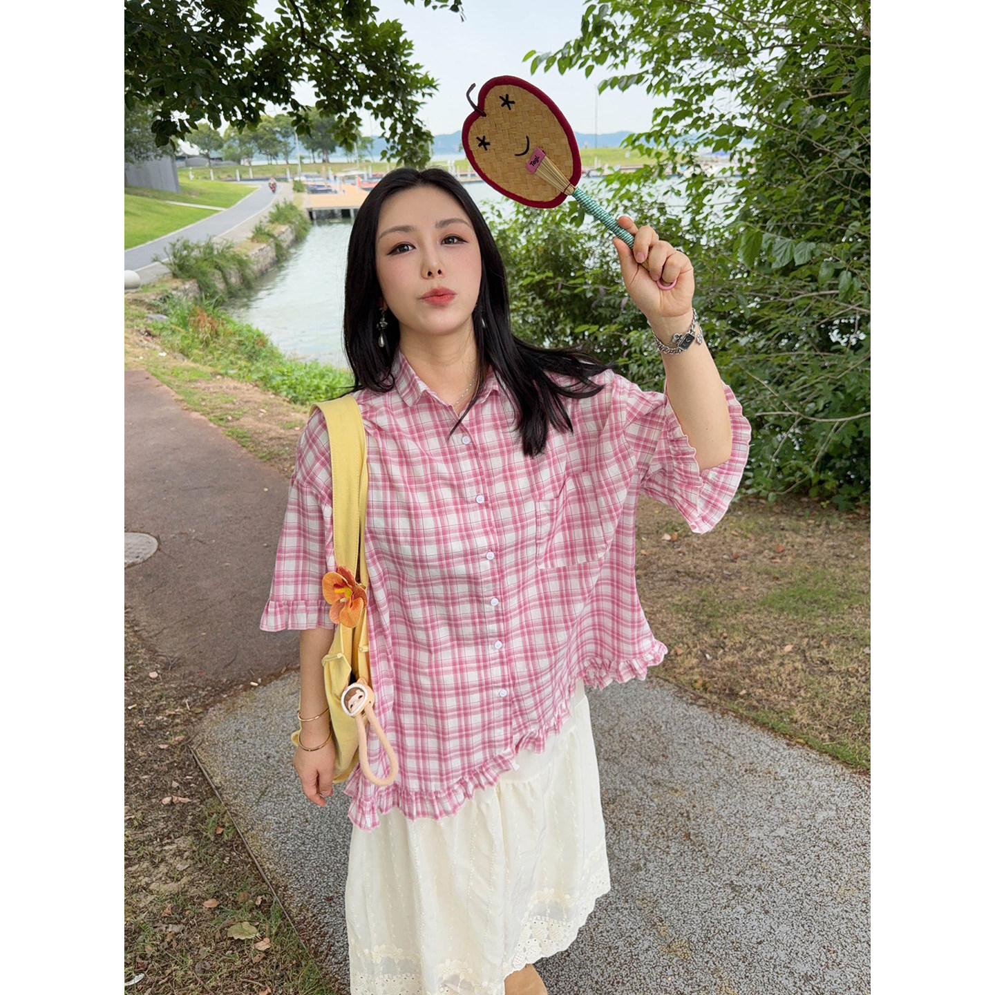 VOGANA戛纳家大码女装韩版格纹减龄荷叶边衬衣夏显瘦舒适全棉衬衫