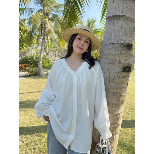 VOGANA戛纳家大码女装韩纯欲气质荷叶袖衬衣宽松显瘦衬衫舒适上衣