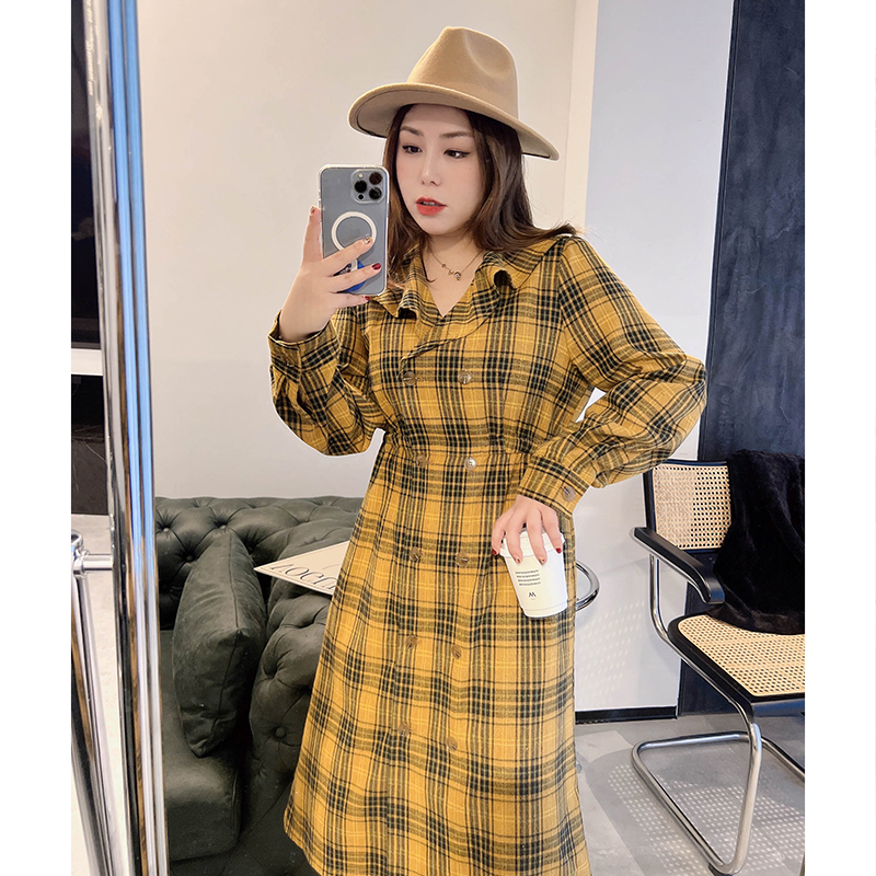 雅复古格子连衣裙荷叶领收腰显瘦