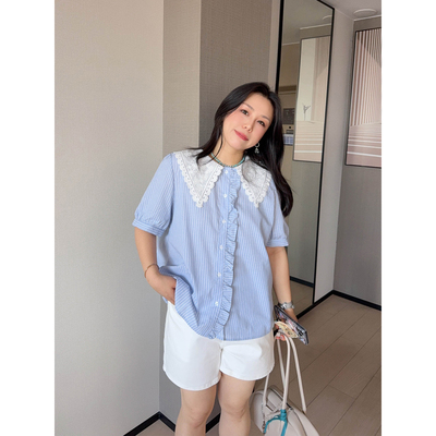 VOGANA戛纳家大码女装韩系减龄轻氧元气少女娃娃领蕾丝拼接衬衫夏