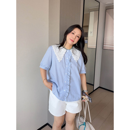 VOGANA戛纳家大码女装韩系减龄轻氧元气少女娃娃领蕾丝拼接衬衫夏