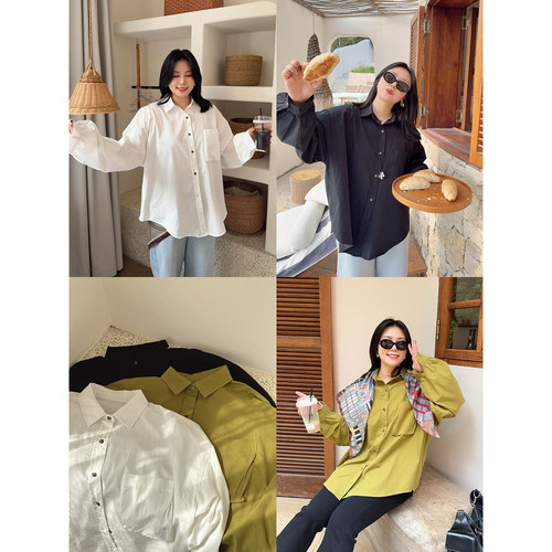 VOGANA戛纳家大码女装cleanfit松弛休闲宽松显瘦遮肉纯色棉衬衫