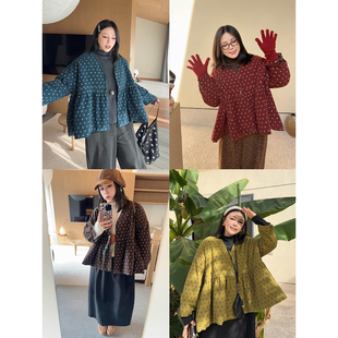 VOGANA戛纳家大码 减龄复古波点外套冬荷叶摆保暖灯芯绒棉服 女装