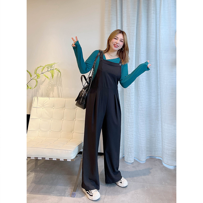 vogana戛纳家大码原创韩系复古减龄阔腿裤搭配宽松显瘦高腰背带裤