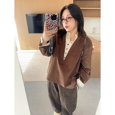 VOGANA戛纳家大码女装高智感时髦博主风假两件拼接温暖灯芯绒衬衫