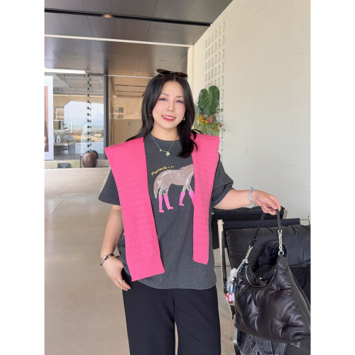 VOGANA戛纳家大码女装马年美式休闲时髦上衣舒适德绒亲肤短袖t恤