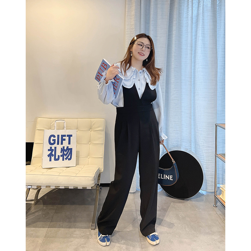 vogana戛纳家大码原创气质背带裤高腰显瘦显腿长宽松阔腿裤连体裤