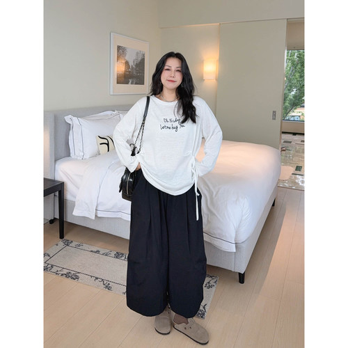 VOGANA戛纳家大码女装韩女休闲松弛宽松上衣收腰绑带长袖防晒t恤
