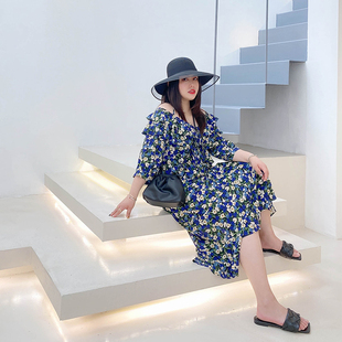 原创气场碎花裙荷叶边挂脖露肩性感连衣裙女夏 大码 4折清仓