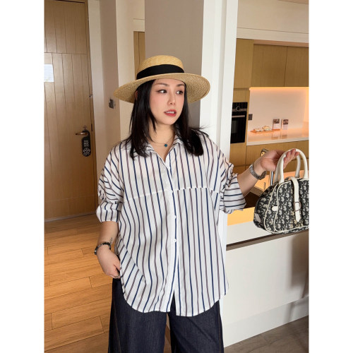 VOGANA戛纳家大码女装韩休闲随性慵懒感衬衣气质宽松显瘦条纹衬衫