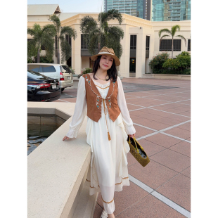 VOGANA戛纳家大码 波西米亚度假南法假两件马甲拼接荷叶连衣裙 女装