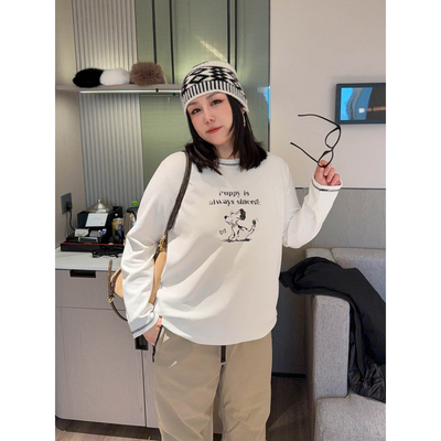 VOGANA戛纳家大码女装秋冬内搭王减龄狗狗印花宽松显瘦长袖t恤