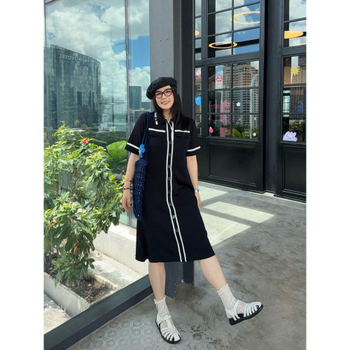VOGANA戛纳家大码女装赫本风透气薄款针织裙女撞色宽松显瘦连衣裙