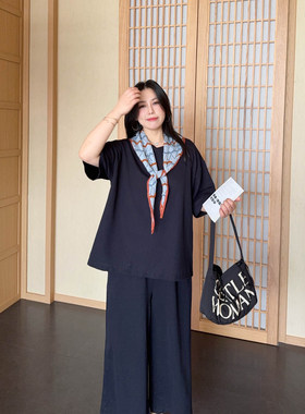 vogana戛纳家大码女装微胖mm休闲套装2026新短袖t恤阔腿裤送披肩