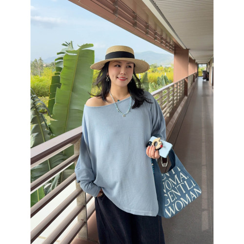 VOGANA戛纳家大码女装松弛老钱风上衣女蝙蝠袖宽松显瘦一字领t恤