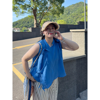 VOGANA戛纳家大码女装都市轻中式绑带高極苎麻透气宽松显瘦背心夏