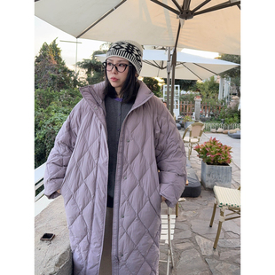 VOGANA戛纳家大码女装韩系经典菱格绗缝中长款显瘦90白鸭绒羽绒服