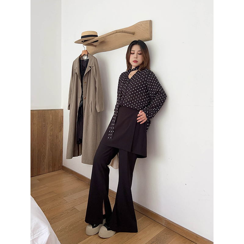 直筒喇叭裤假两件遮胯高腰裙裤