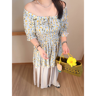 VOGANA戛纳家大码女装夏日田园风一字领娃娃衫夏收腰显瘦碎花上衣