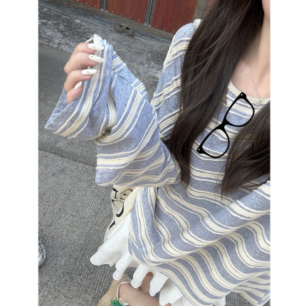 ASHENONLINE 尼斯周末 条纹罩衫松弛感t恤女慵懒撞色休闲长袖上衣