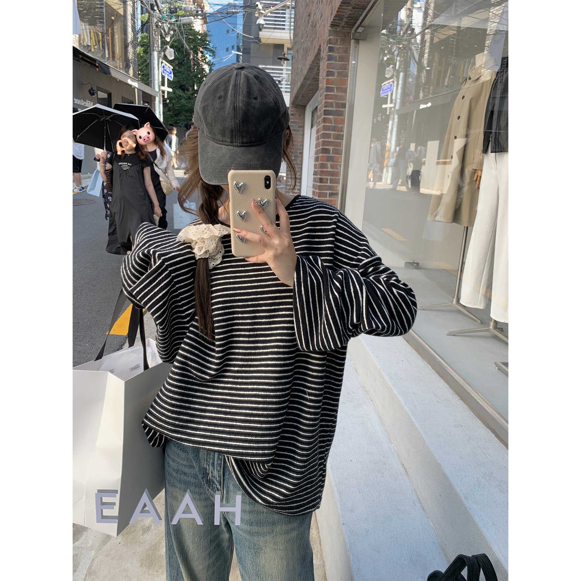 ASHENONLINE 加厚条纹宽松上衣秋季慵懒松弛感喇叭袖t恤打底衫女