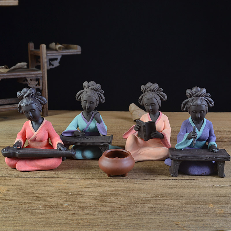 紫砂美女仕女陶瓷雕塑人物琴棋书画创意家居客厅桌面古典饰品摆件
