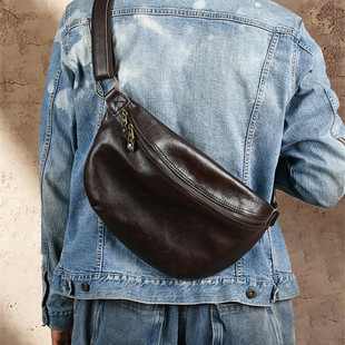 植鞣牛皮新款 胸包大容量潮背包休闲街头潮男包简约真皮斜挎包 男士