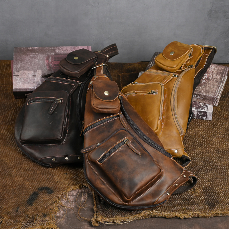 欧美复古原创男士胸包疯马皮