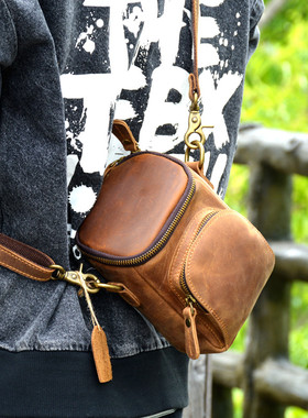 疯马皮新款男士腰包复古牛皮小包单肩斜挎包休闲男包真皮运动潮包