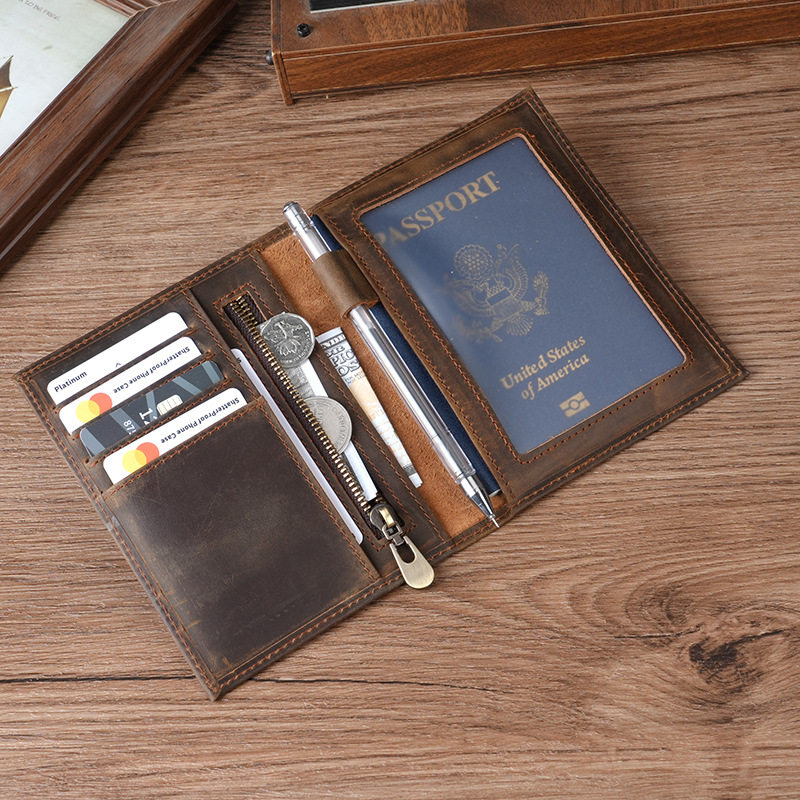 疯马皮复古做旧护照包简约皮夹零钱包大容量证件套商务休闲手拿包