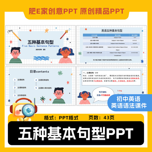 肥E家初中英语五种基本句型趣味动画PPT语法课件主谓宾结构主系表