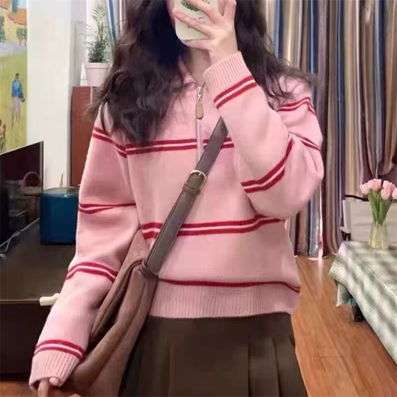 甜美撞色条纹100%纯羊毛针织衫毛衣女翻领半拉链宽松百搭上衣秋冬
