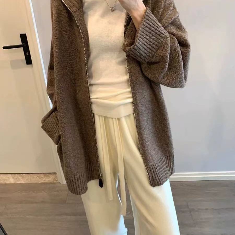 高级感连帽双拉链100%纯羊毛开衫女宽松慵懒风毛衣外套针织衫上衣