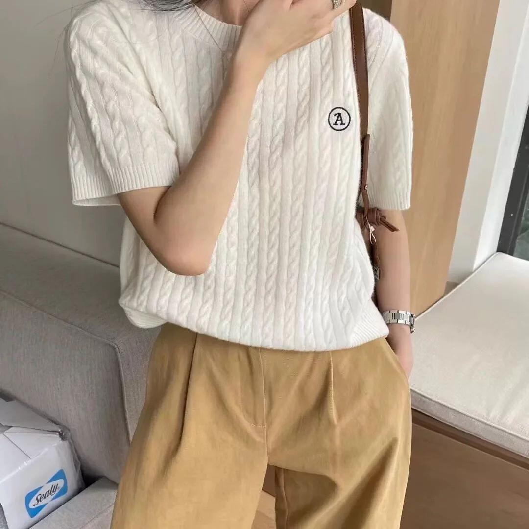 欧美学院风刺绣圆领100%羊毛针织t恤女宽松软糯麻花半袖短袖上衣