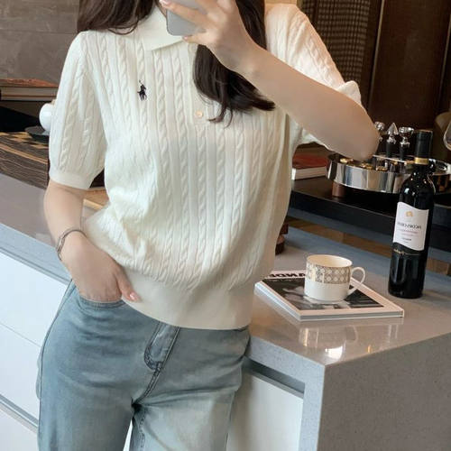 春夏季精纺羊毛短袖复古小马刺绣polo领t恤麻花针织衫女冰丝上衣