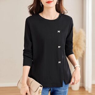 显瘦黑色打底衫 纯棉胖mm长袖 女装 洋气女士上衣大码 t恤女春秋新款