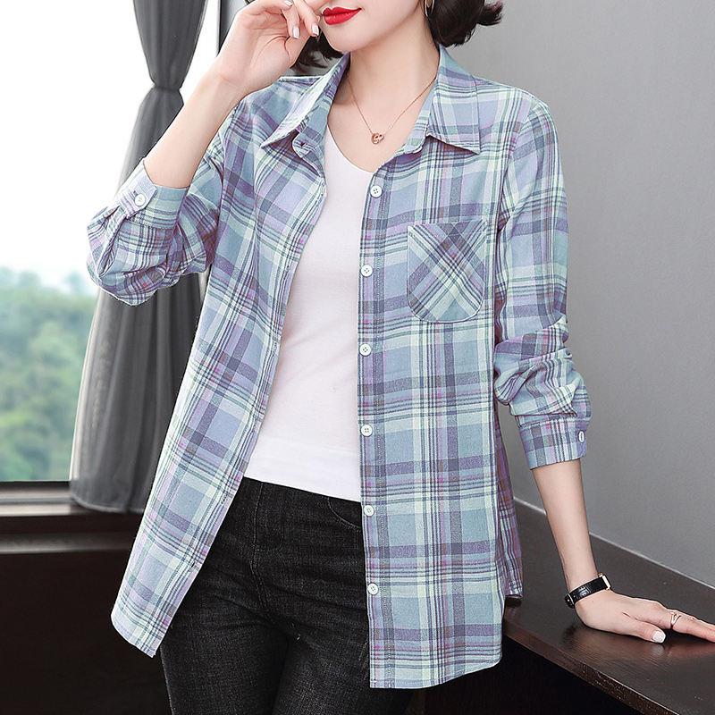 纯棉格子衬衫女装2025春秋新款洋气长袖上衣小衫大码百搭衬衣外套