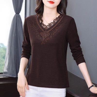 德绒蕾丝打底衫女春秋冬新款洋气妈妈长袖t恤大码内搭保暖v领上衣