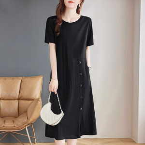 黑色连衣裙女2025年新款夏季休闲大码女士胖mm宽松显瘦中长款裙子