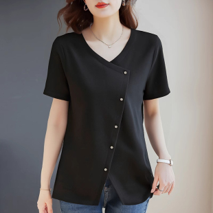 洋气妈妈宽松大码 黑色短袖 新款 夏季 胖mm不规则女士上衣服 t恤女装
