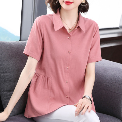 短袖衬衫女装夏季新款翻领衬衣大码外穿女士宽松胖mm遮肚子上衣服