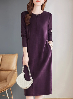 紫色长袖连衣裙春秋新款大码洋气女装胖mm宽松显瘦直筒中长款裙子