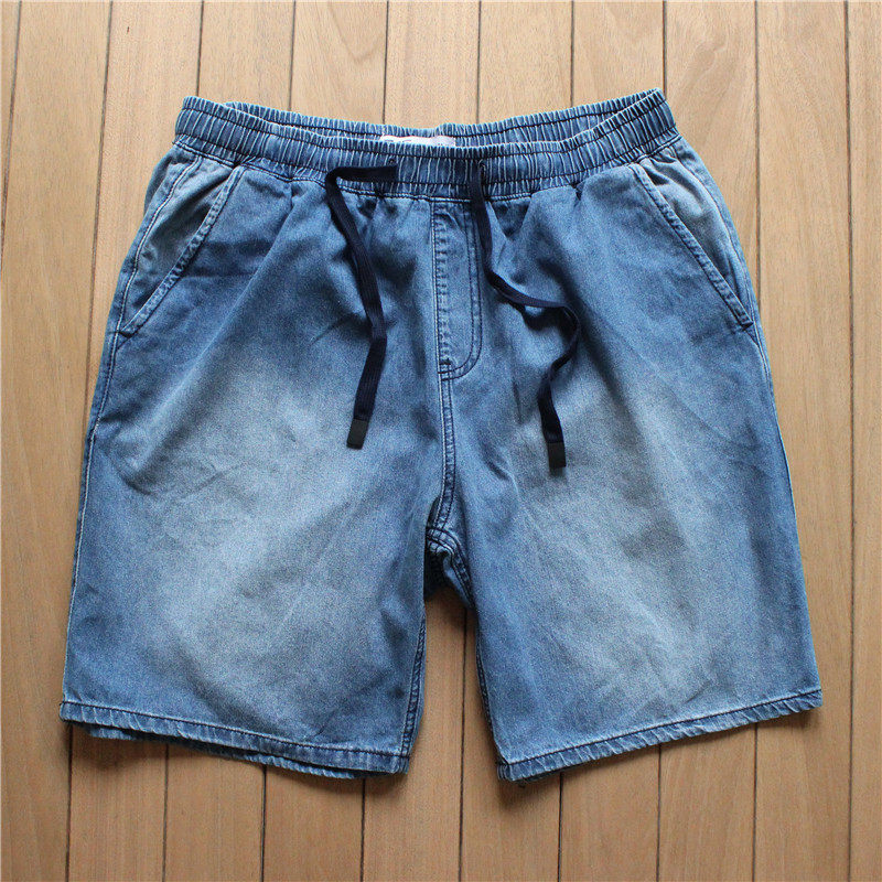 남성용 루즈 스트레이트 힙합 스포츠 신축성 있는 허리 데님 반바지 심플하고 얇은 드로스트링 아메리칸 캐주얼 바지