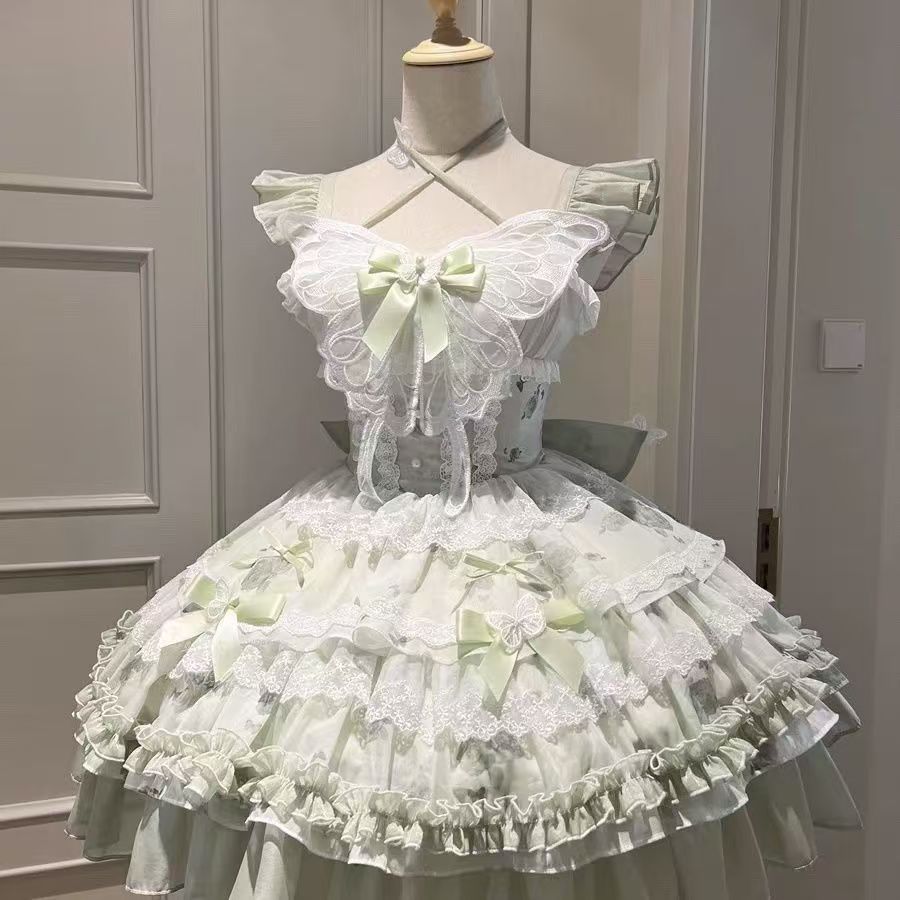 lolita花期之约白绿蝴蝶夏日感小清新公主少女生日短裙