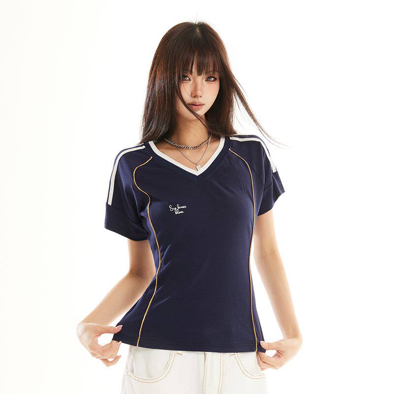 美式蓝色v领正肩短袖t恤女夏夏季设计感修身短款运动球衣半袖上衣