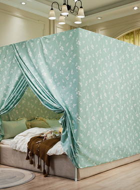 布蚊帐全棉防尘顶纹帐单开门挡隐私遮光床帘保暖床幔家用1.5m1.8