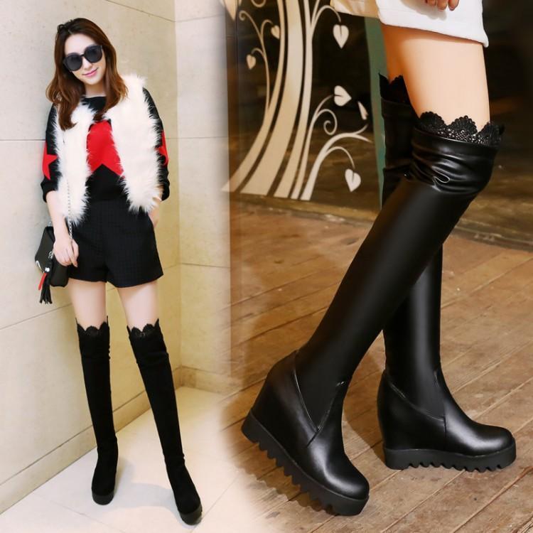 NEW AUTUMN AND WINTER NEW FLAT LACE-SIDE WHITE KNEE-LENGTH BOOTS WEDGE HEEL AND VELVET WOMENS HIGH BOOTS COTTON SHOES COTTON BOOTS