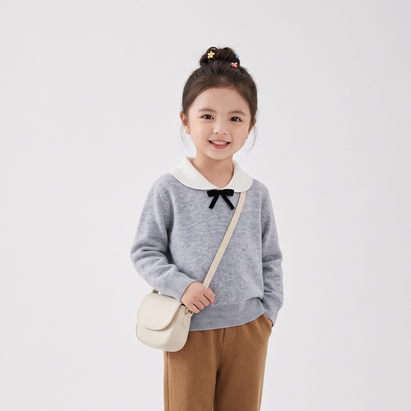 baby羊绒女童针织衫2025秋季学院风翻领毛衣娃娃领山羊绒蝴蝶结