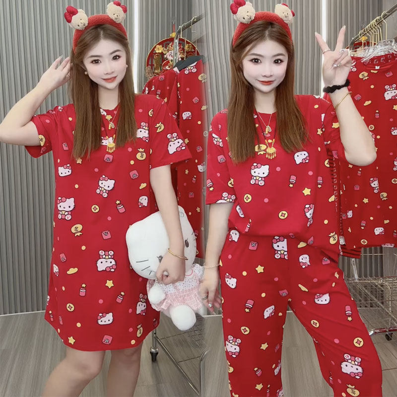 2026纯棉女士睡衣套装半袖长裤卡通红色本命年家居服套装可爱时尚